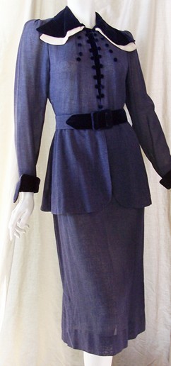 Vintage Dress 30's BLUE Velvet Suit Deco Dtls