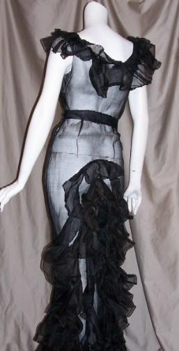 30's Vintage Gown Black Organza Ruffled Train