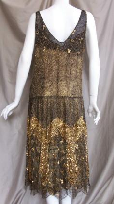 Vintage 20's Flapper Dress Metallic Threads Deco Gold Angels on Lace
